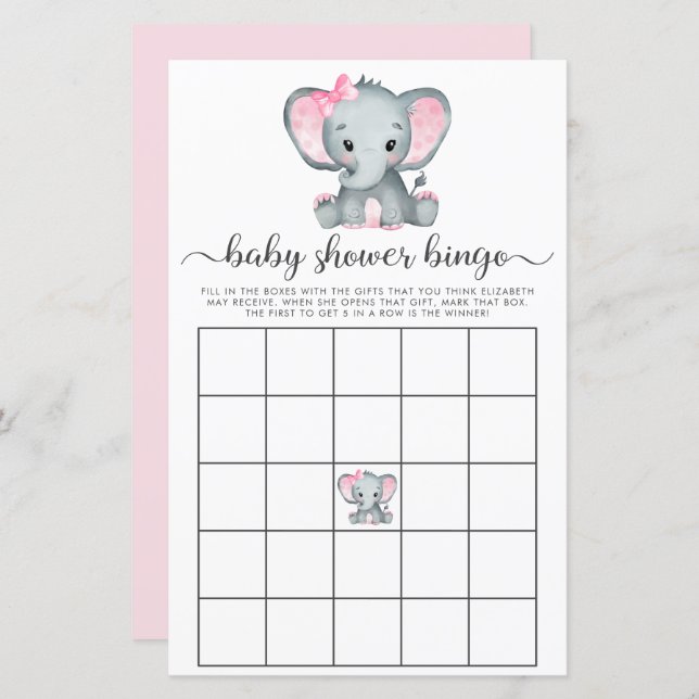 Elephant Pink Watercolor Baby Bingo Showspiel (Vorne/Hinten)