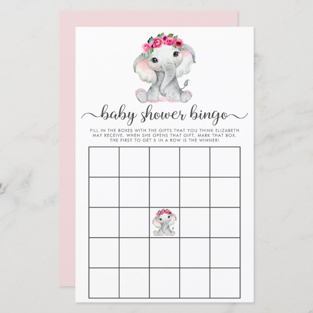 Elephant Pink Watercolor Bingo Baby Showspiel (Vorne/Hinten)