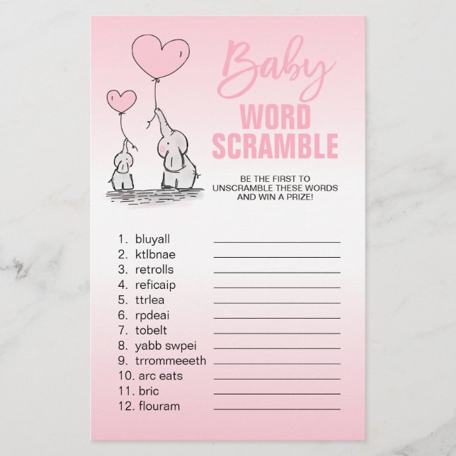 Elephant Pink White Girl Baby Dusche WORD SCRAMBLE Flyer (Vorne)