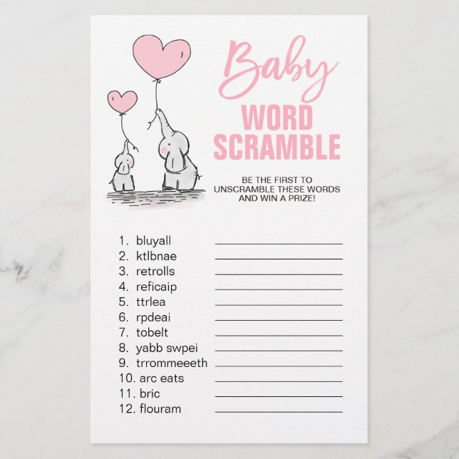 Elephant Pink White Girl Baby Dusche WORD SCRAMBLE Flyer (Vorne)