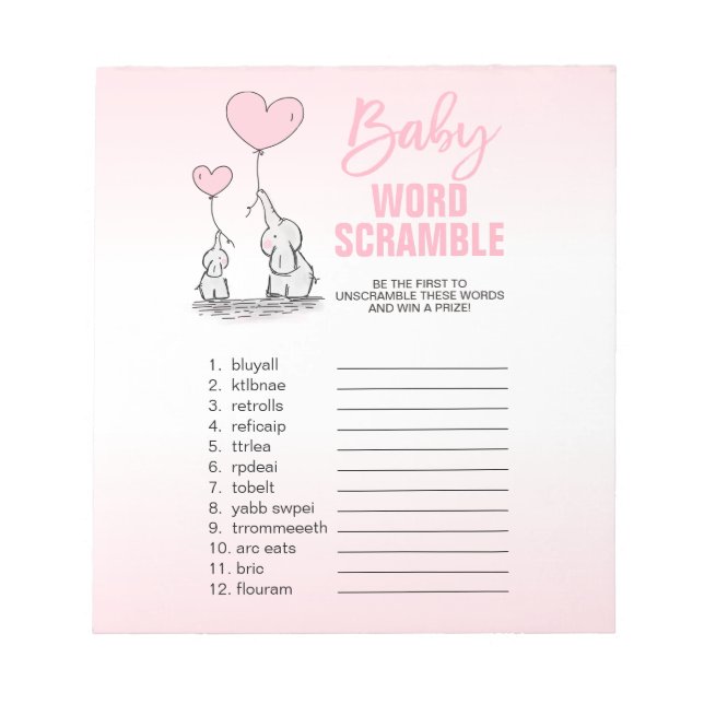 Elephant Pink White Girl Baby Dusche WORD SCRAMBLE Notizblock (Vorderseite)