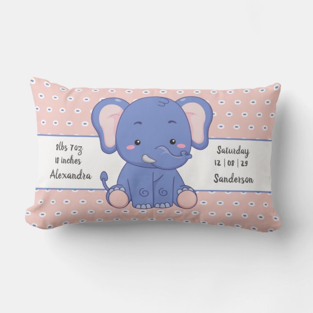 Elephant Polka Dot Gray Pink Baby Stats Lendenkissen (Vorderseite)