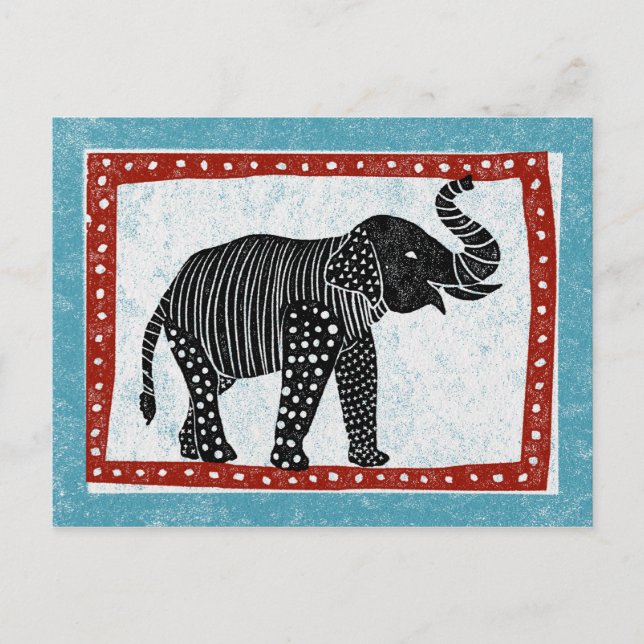Elephant Postcard Blue Red Schwarz-weiß Postkarte (Vorderseite)