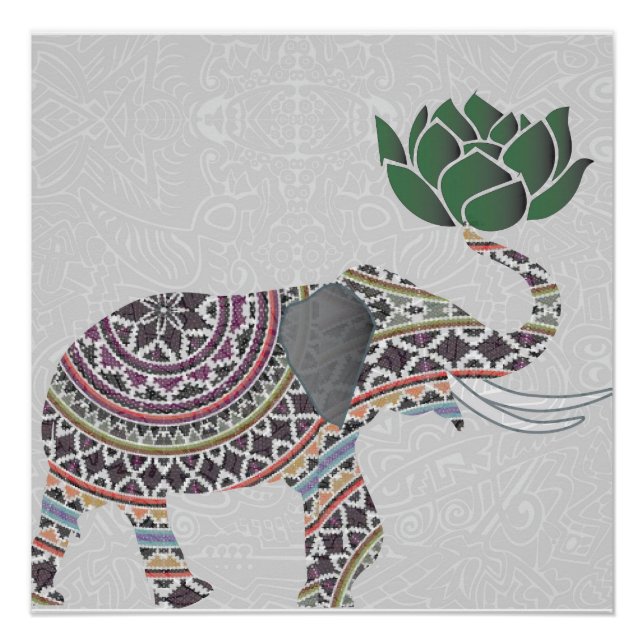 Elephant Poster Indianerdesign mit Lotus (Vorderseite)