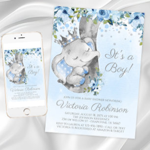 Elephant Prince Boy Baby Shower Einladung