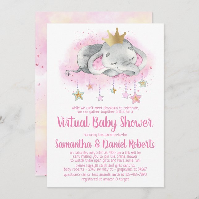 Elephant Princess Virtual Baby Shower Einladung (Vorne/Hinten)
