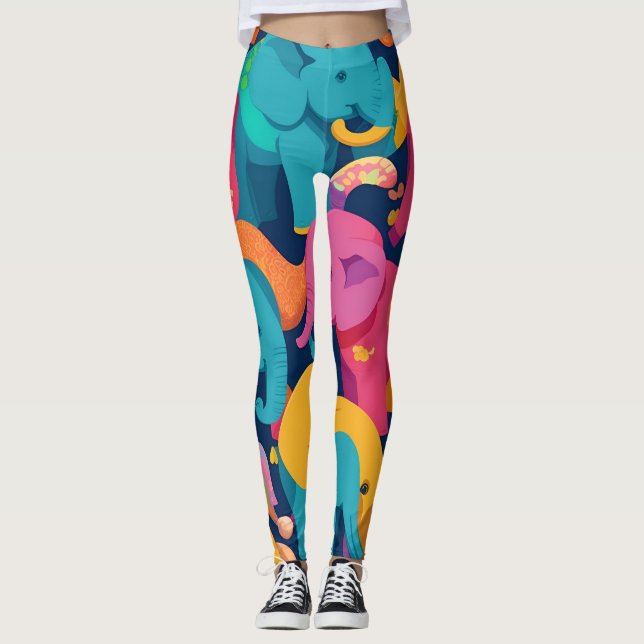 Elephant Rainbow Personalisiertes Muster Leggings (Vorderseite)
