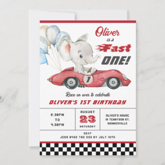 Elephant Red Race Car Fast 1. Geburtstag Einladung