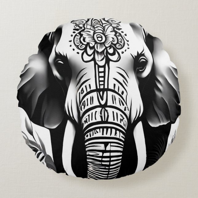 Elephant Round Cushion schwarz-weiß Rundes Kissen (Vorderseite)