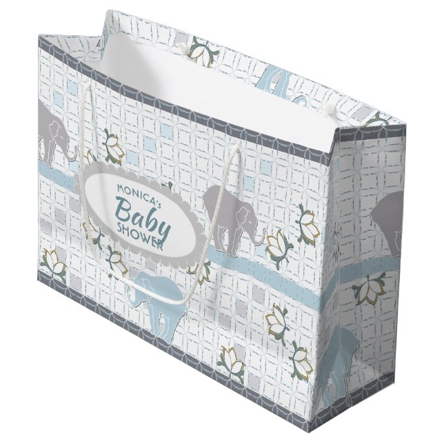 Elephant Safari Blue | Babydusche Große Geschenktüte (Vorderseite Schrägansicht)