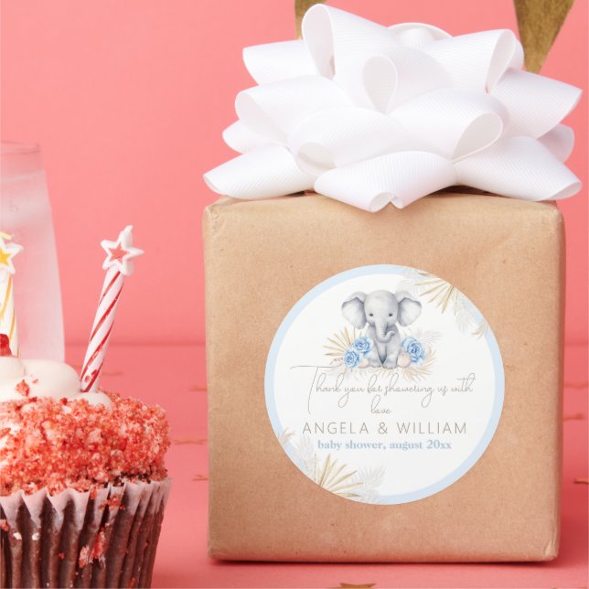 Elephant Safari Boho Blue Thanks Baby Shower Runder Aufkleber (Party)