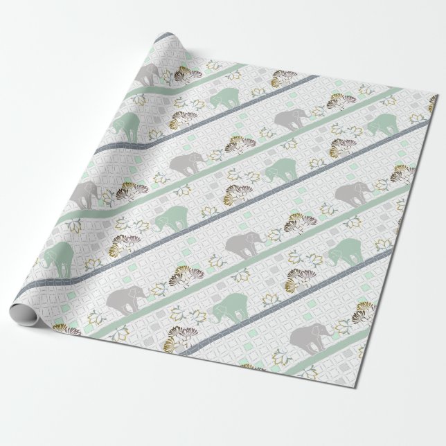 Elephant Safari Green | Babydusche Geschenkpapier (Ungerollt)