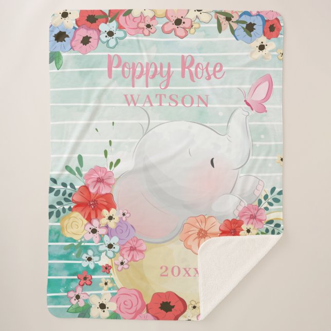 Elephant Sherpa Blanket mit Blume + Individuelle N Sherpadecke (Vorderseite)