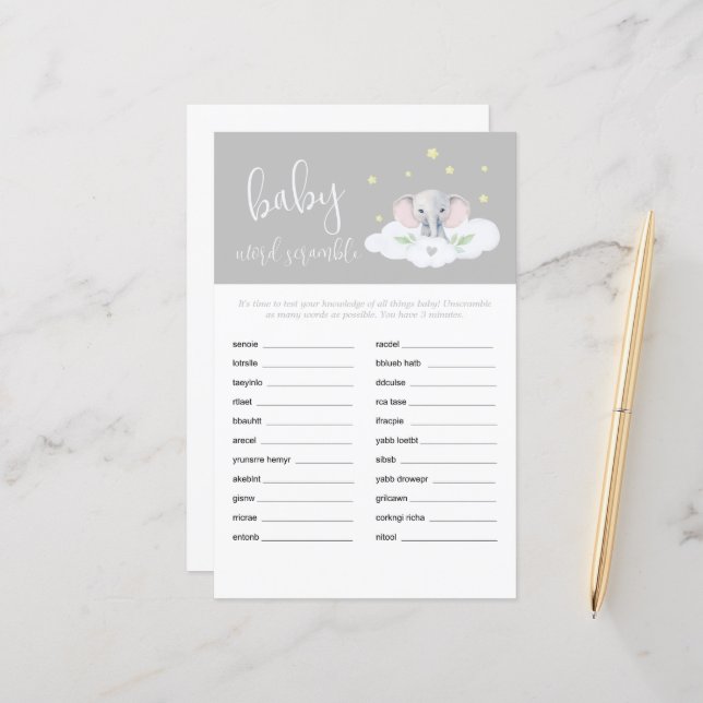 Elephant Shower Baby Word Scramble Game Grau (Vorderseite/Rückseite Beispiel)