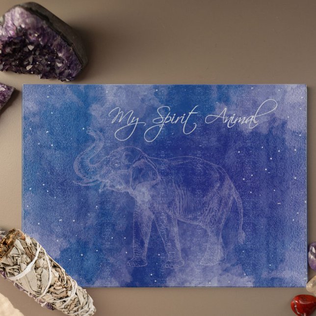 Elephant Spirit Animal Decoration Cutting Board Schneidebrett (Elephant Spirit Animal Glass Board with bundled sage and crystals.)