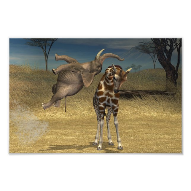 Elephant springt über Giraffe Fotodruck (Vorne)