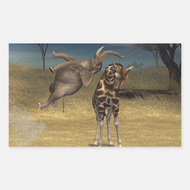 Elephant springt über Giraffe Rechteckiger Aufkleber (Vorderseite)