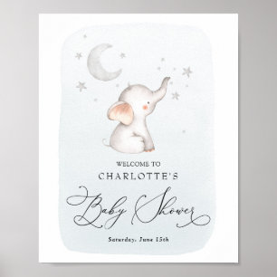 Elephant Stars Moon Dusty Blue Boy Baby Dusche Poster