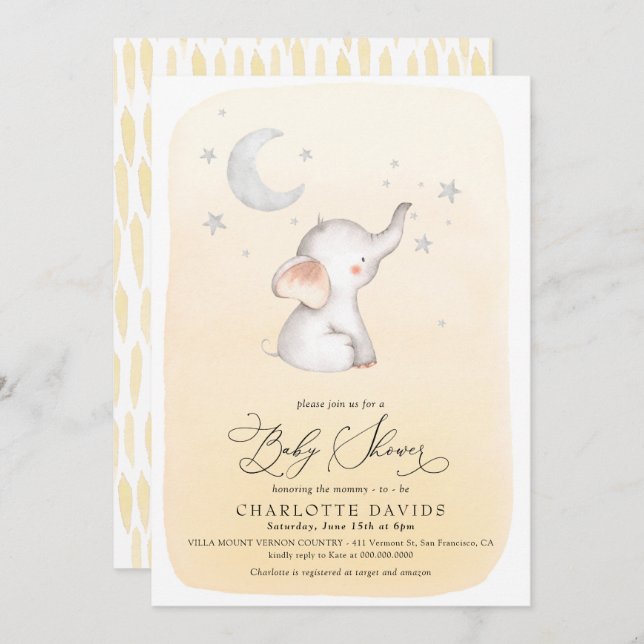 Elephant Stars Moon Yellow Neutral Baby Shower Einladung (Vorne/Hinten)