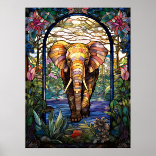 Elephant Stated Glass Window Design Poster