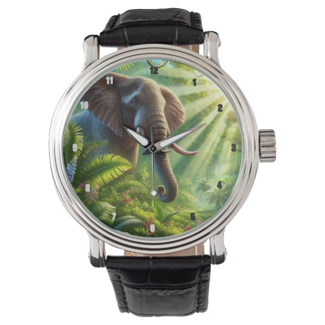Elephant Stehend Amidlush Dschungel Foliage Armbanduhr (Vorderseite)