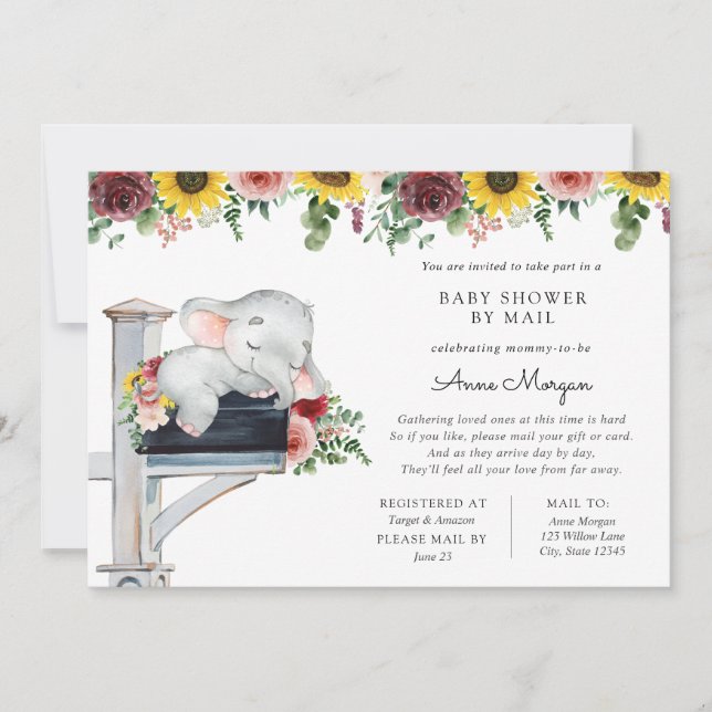 Elephant Sunflower and Rose Kinderdusche per Mail Einladung (Vorderseite)