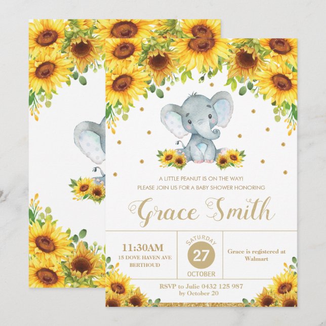 Elephant Sunflower Floral Baby Shower Boy Einladung (Vorne/Hinten)