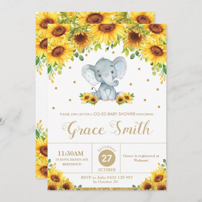 Elephant Sunflower Floral Co-Ed Baby Shower Boy Einladung (Vorne/Hinten)