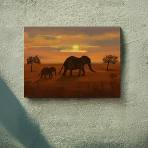 Elephant Sunset Oil Painting - Wrapped Canvas wall Leinwanddruck