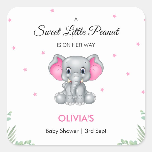 Elephant Sweet Little Peanut Girl Babydusche Quadratischer Aufkleber (Vorderseite)
