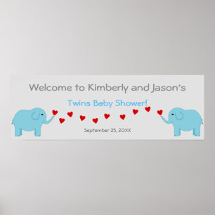 Elephant Theme Twin Boys Baby Shower Banner Poster
