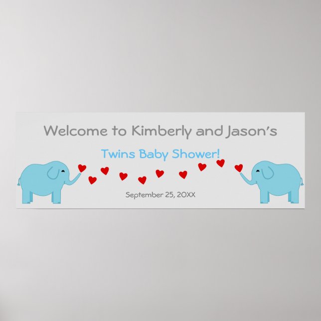 Elephant Theme Twin Boys Baby Shower Banner Poster (Vorne)