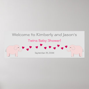 Elephant Theme Twin Girls Baby Shower Banner Poster