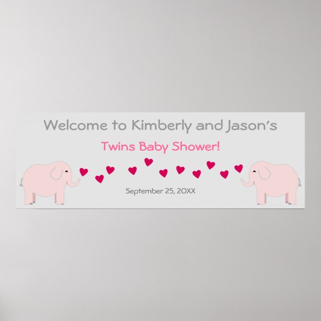 Elephant Theme Twin Girls Baby Shower Banner Poster (Vorne)