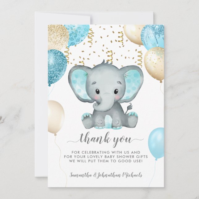 Elephant Turquiose Balloons Babydusche Vielen Dank Dankeskarte (Vorderseite)