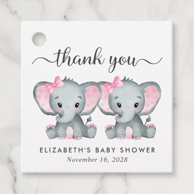 Elephant Twin Baby Girls Dusche Vielen Dank Geschenkanhänger (Vorderseite)