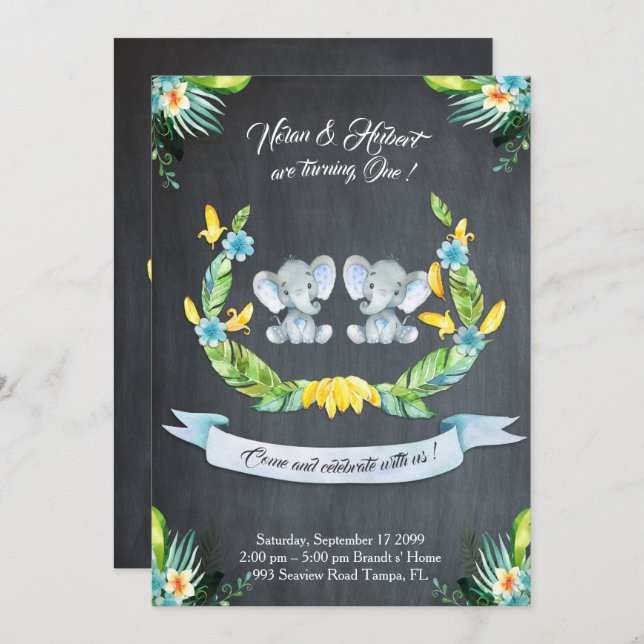 Elephant twin boy Invitation, Floral, Baby 1. Einladung (Vorne/Hinten)