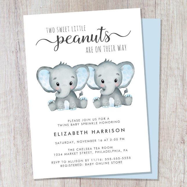 Elephant Twin Boys Baby Sprinkle Einladung (Cute twin boys baby sprinkle invitation)