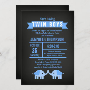 Elephant Twin Boys Chalkboard Babydusche Einladung