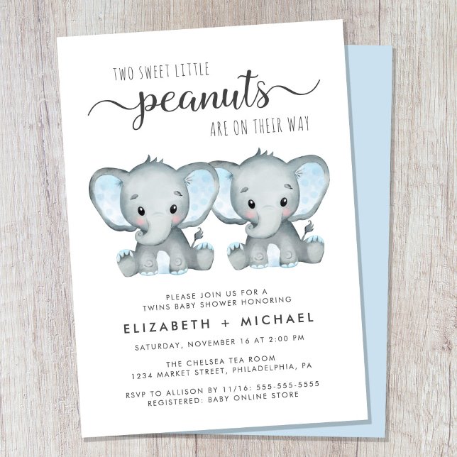 Elephant Twin Boys Couples Kinderdusche Einladung (Cute twin boys couples baby shower invitation)