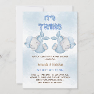 Elephant Twin Boys Dusty Blue Baby Dusche Einladung