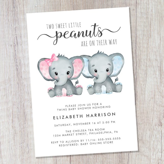 Elephant Twin Girl Boy Baby Shower Einladung (Cute twin boy and girl baby shower invitation)