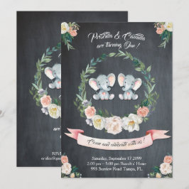Elephant twin girl Invitation, Floral, Baby 1st Einladung
