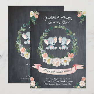 Elephant twin girl Invitation, Floral, Baby 1st Einladung