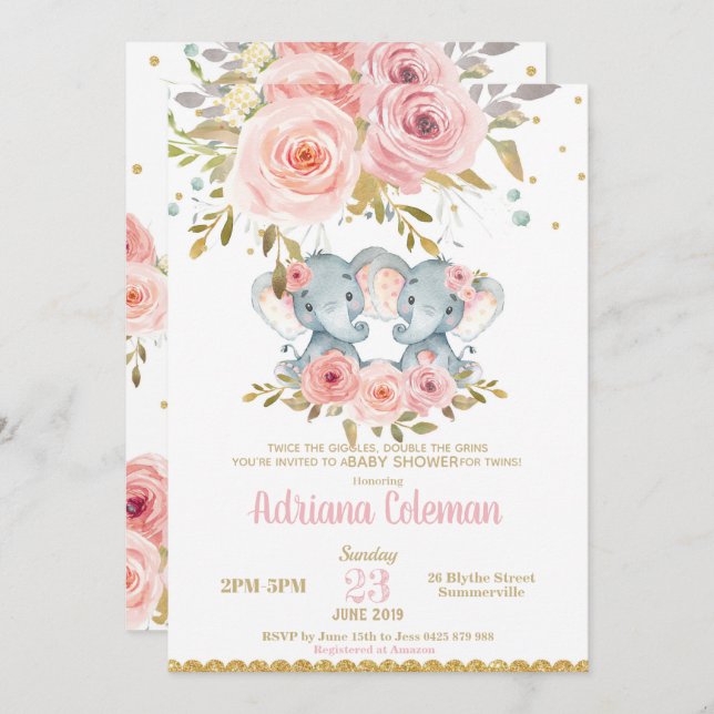 Elephant Twin Girls Baby Shower Einladung Bloral (Vorne/Hinten)