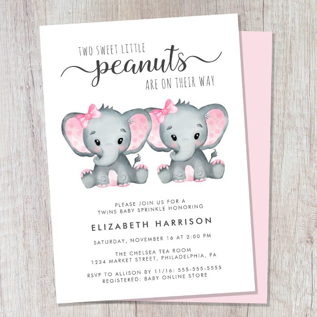 Elephant Twin Girls Baby Sprinkle Einladung (Cute twin girls baby sprinkle invitation)