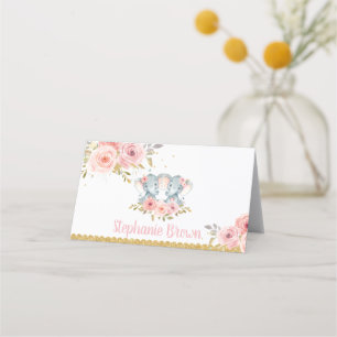Elephant Twin Girls Babydusche Pink Floral Platzkarte
