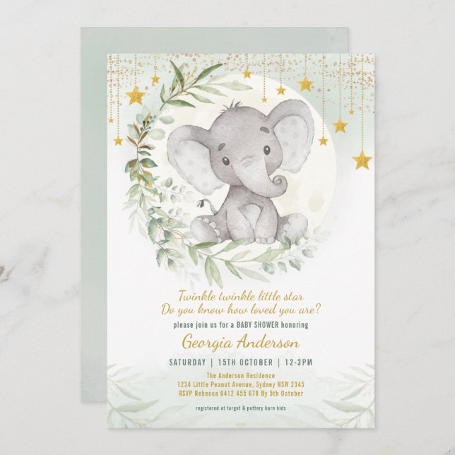 Elephant Twinkle Little Star Greenery Baby Shower Einladung (Vorne/Hinten)