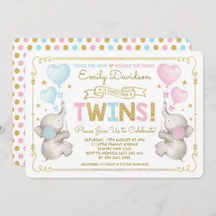 Elephant Twins Baby Dusche Blue Pink Gold Boy Girl Einladung