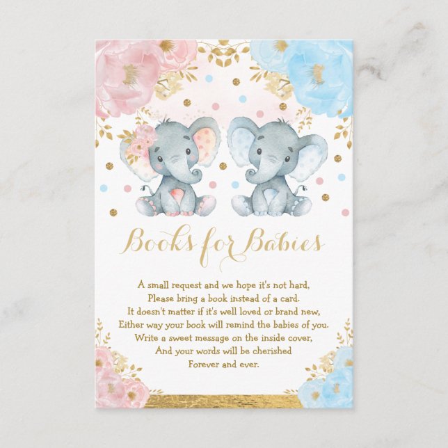Elephant Twins Blue Pink Floral Books for Babys Begleitkarte (Vorderseite)